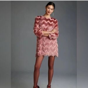 Anthropologie Hutch Fringed Chevron Dress Shift Mini Fringe Rose Pink